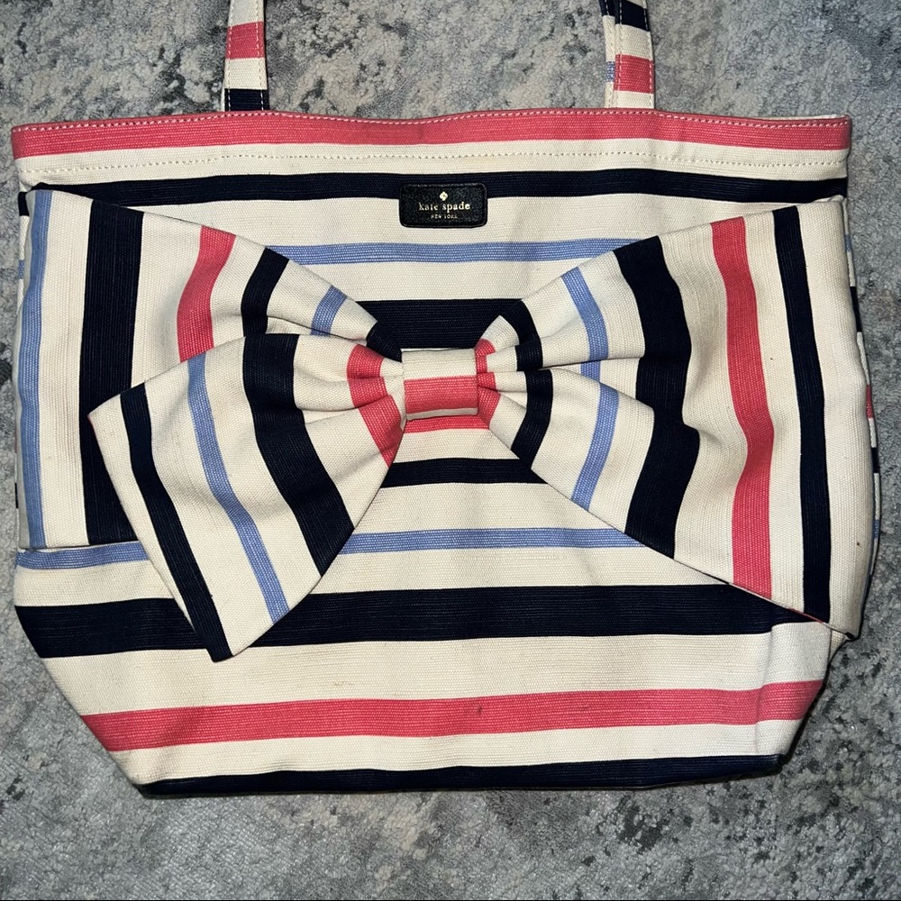 KATE SPADE Fairmont Stripe Canvas Tote Bag Bow - Picture 3 of 11